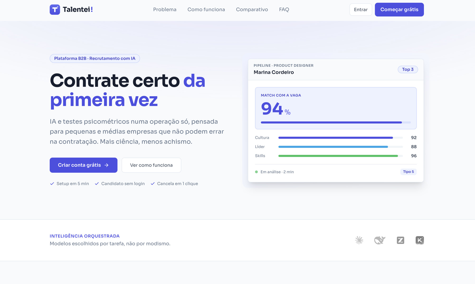 Talentei - landing com match 94% e pilares cultura, líder e skills